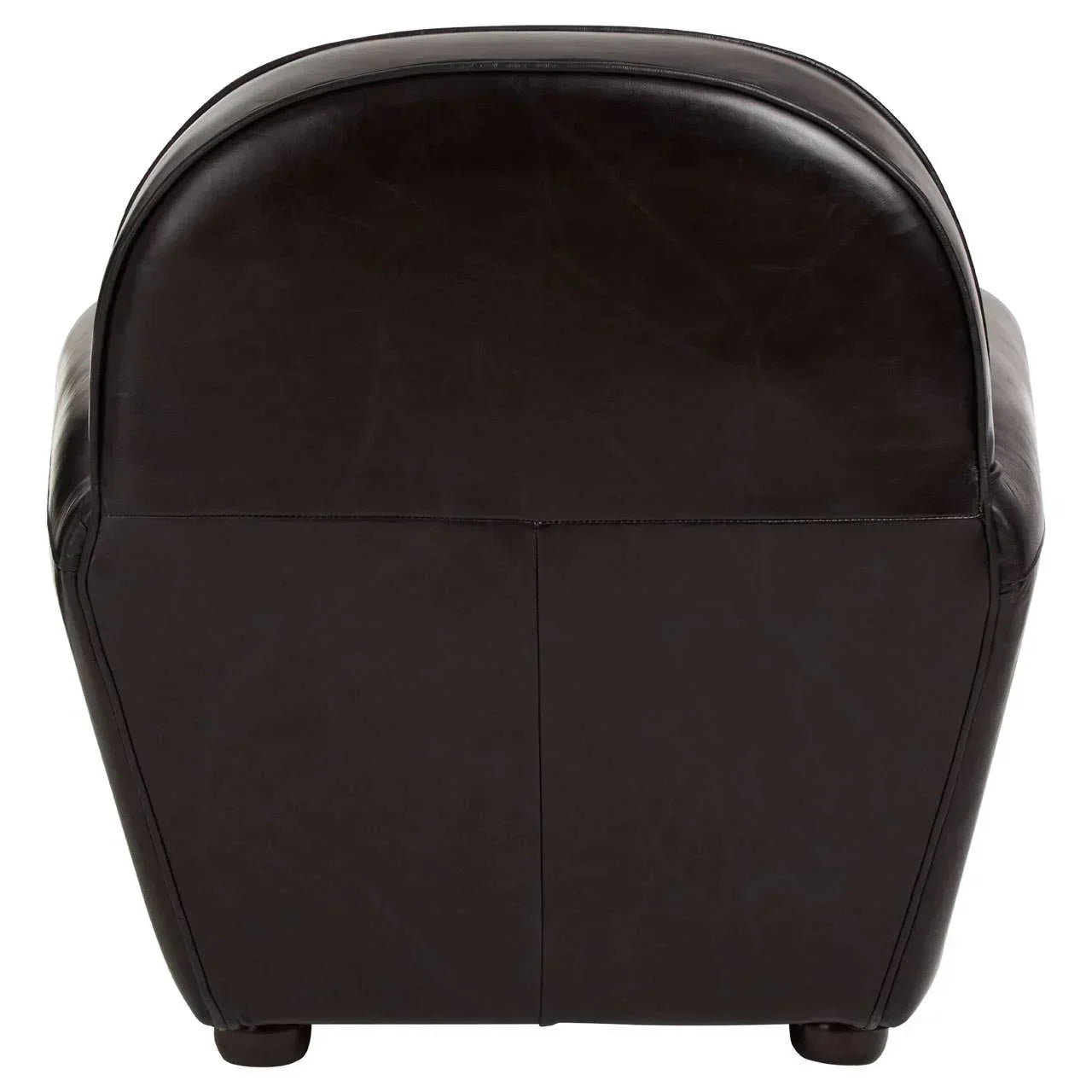 Back view of dark brown leather armchair with rounded top and stitching detail
