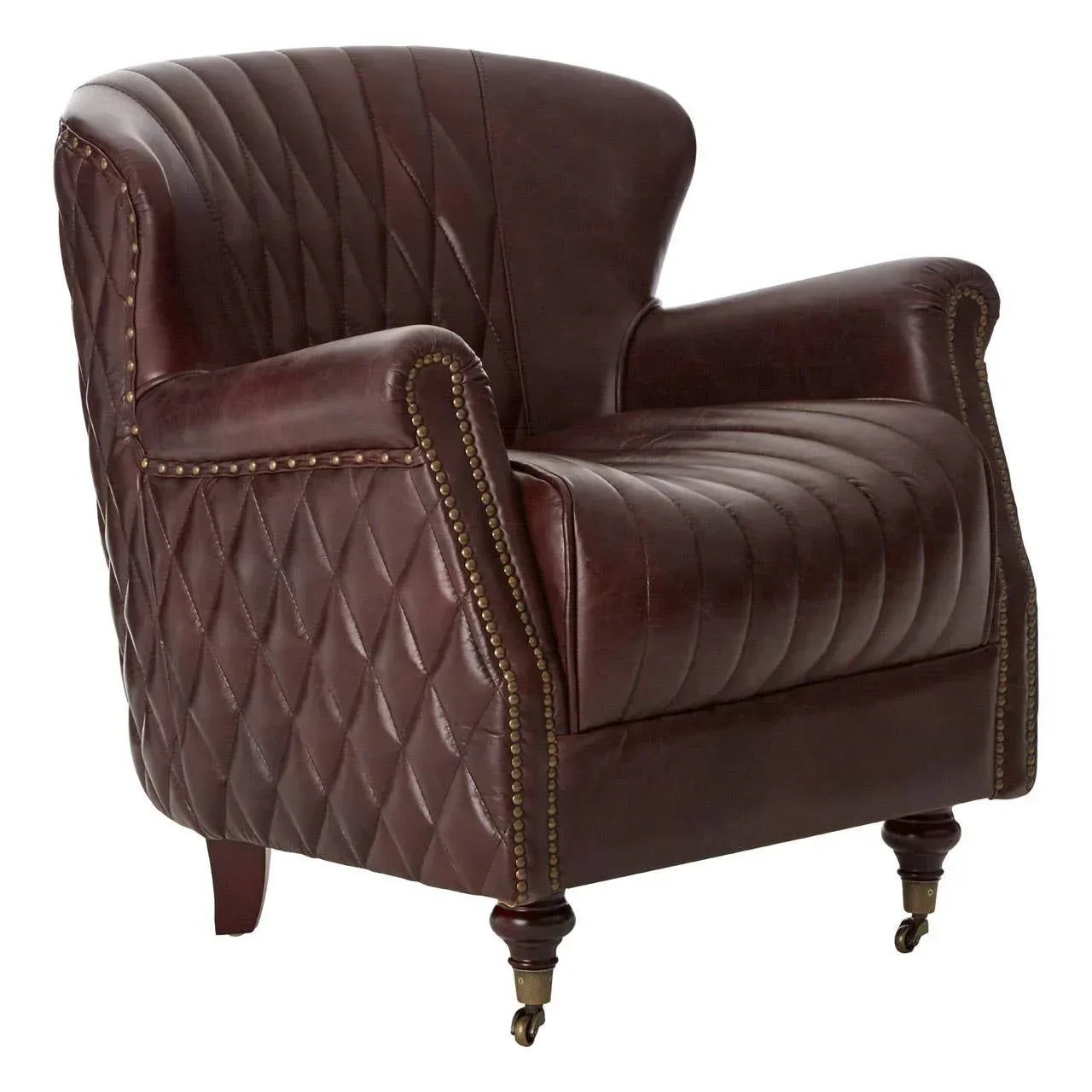 Brown leather armchair with diamond stitching and brass stud accents on wooden legs
