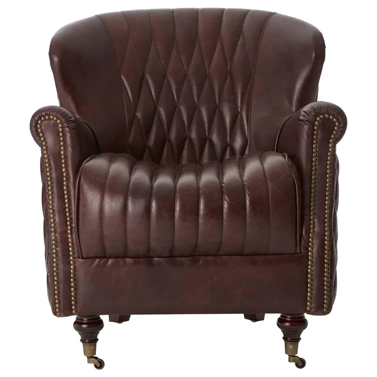 Brown leather armchair with diamond stitching and brass studded arms on wooden legs with castors