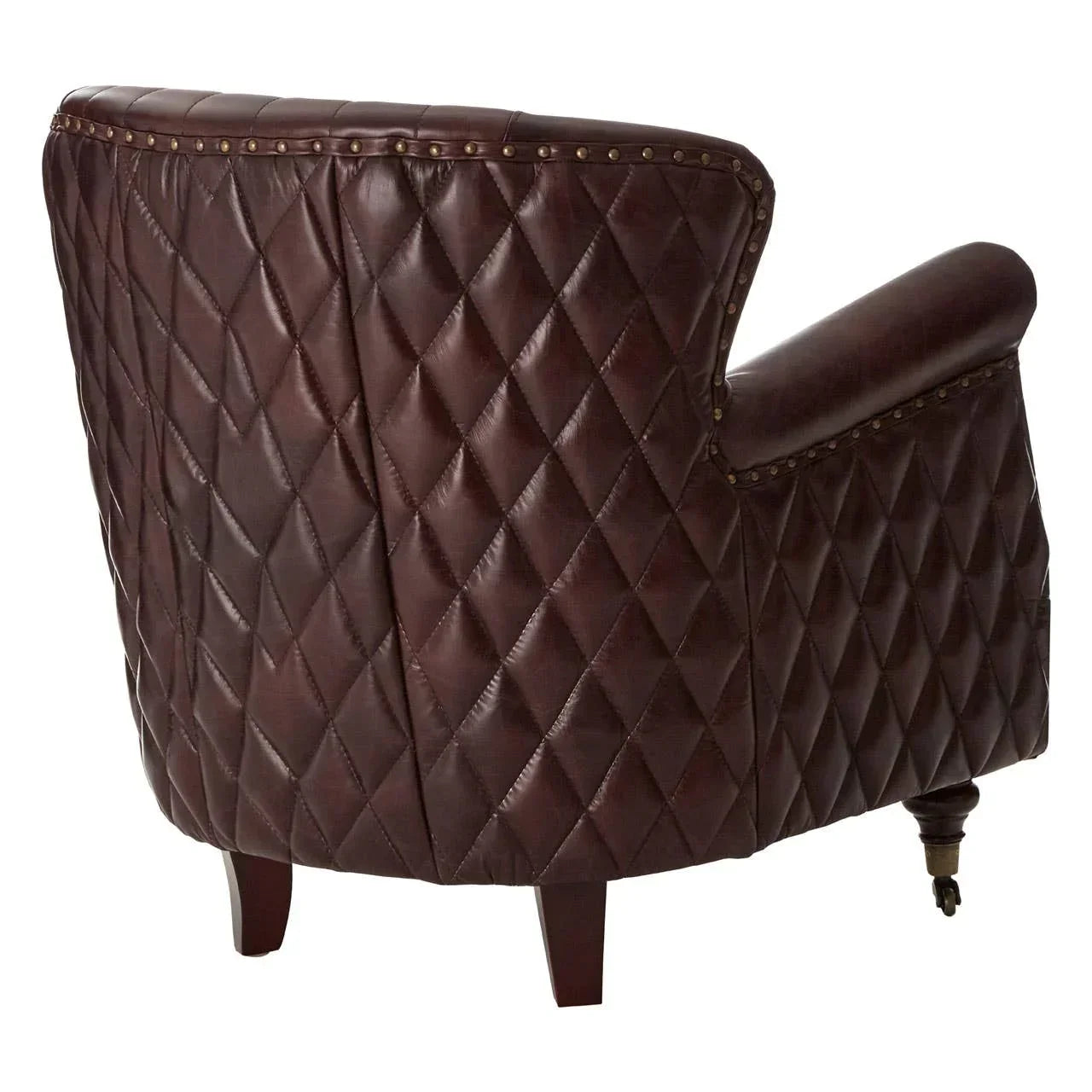 Brown leather armchair with diamond-stitched back and brass nailhead trim, rear view