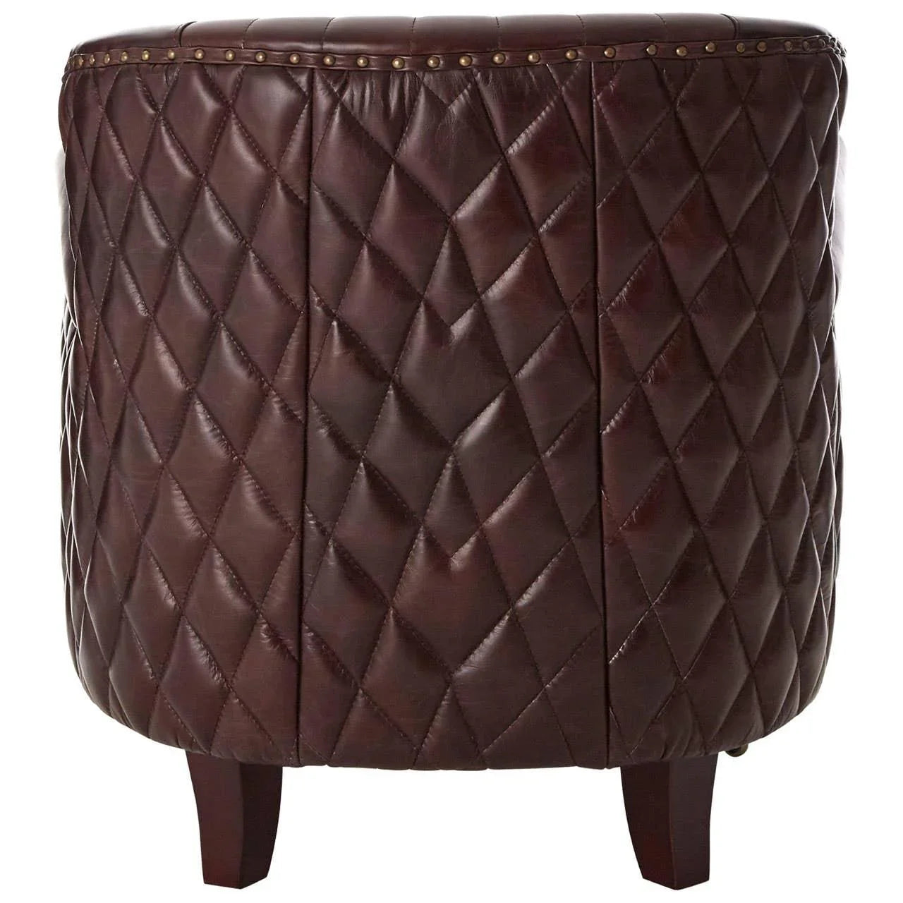 Brown leather quilted ottoman with dark wooden legs and brass nailhead trim