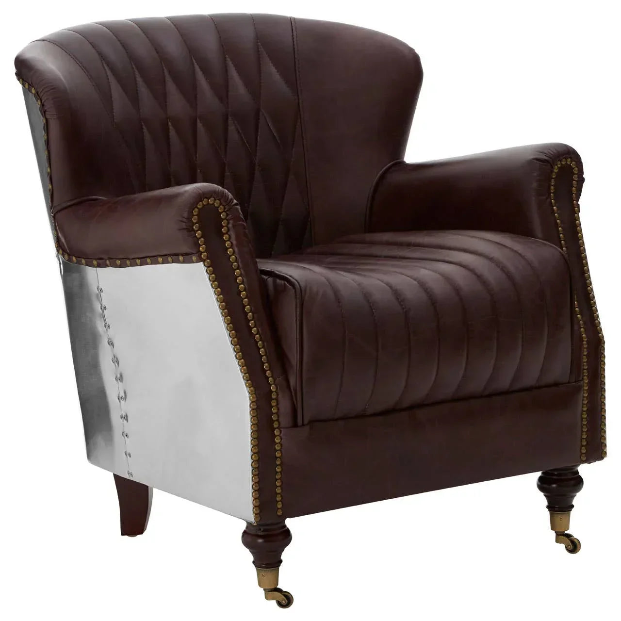 Brown leather armchair with metal side panels and brass stud detailing on wooden legs