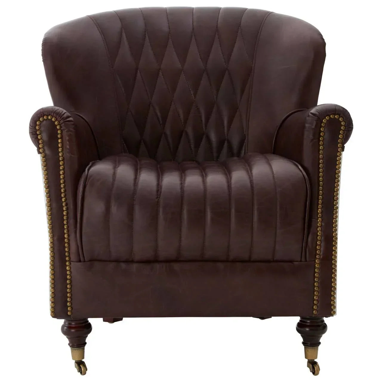 Brown leather armchair with diamond-stitched back, brass studs and wooden legs on castors