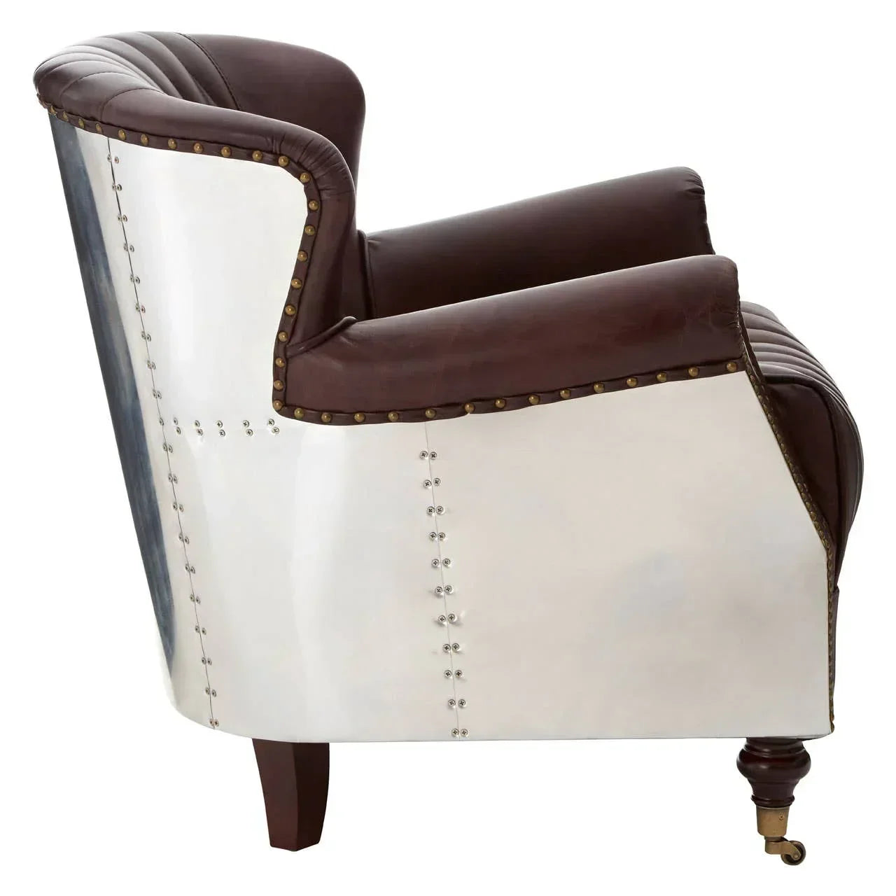 Side view of brown leather and metal accent armchair with stud detailing