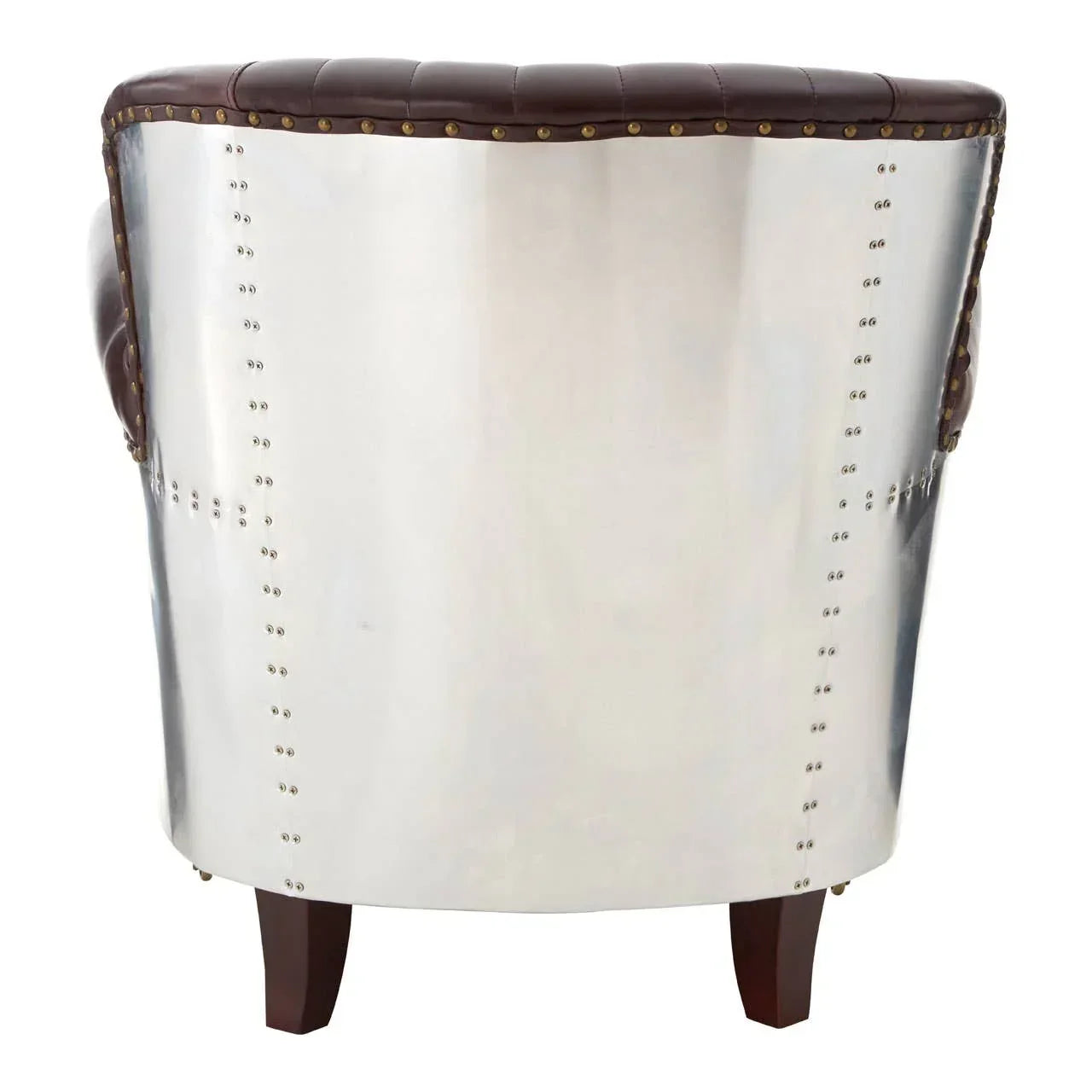 Back view of armchair with metallic riveted panel and brown leather upholstery