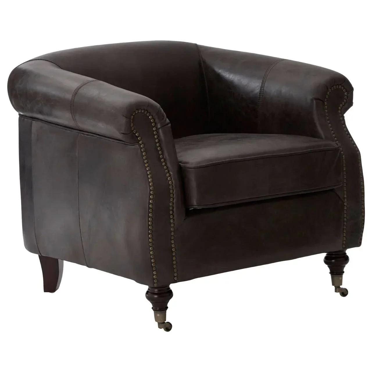 Dark brown leather armchair with brass stud detail and wooden legs on castors