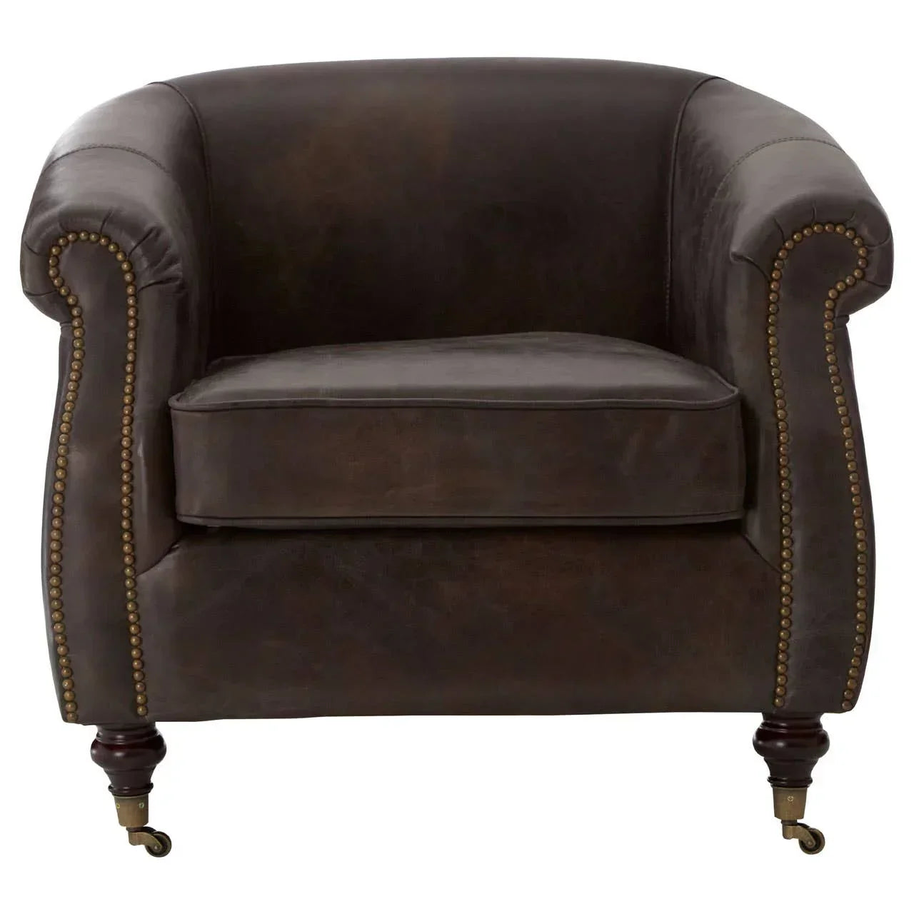 Dark brown leather armchair with brass stud detailing and wooden legs on castor wheels, front view