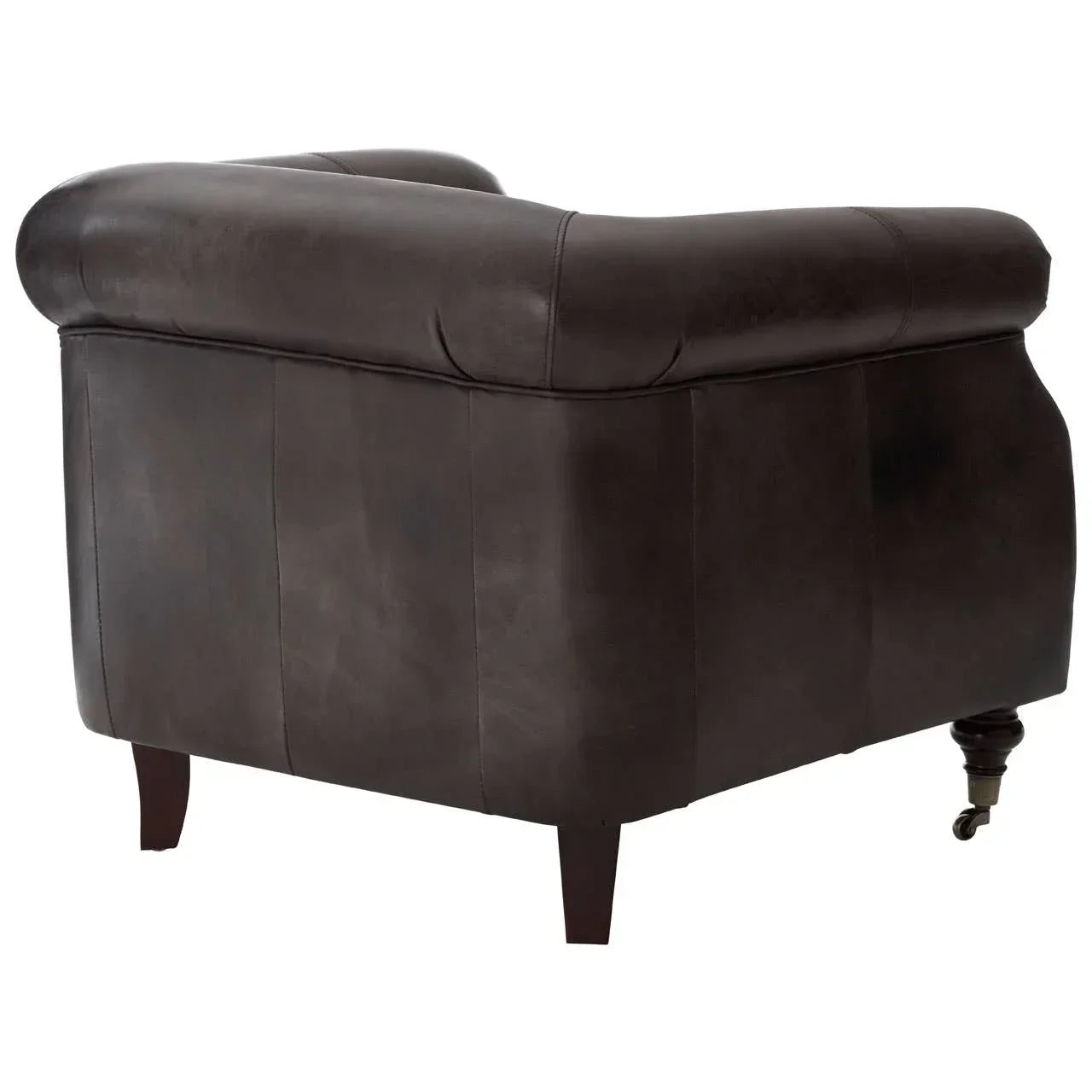 Back and side view of dark brown leather armchair with wooden legs and caster wheel