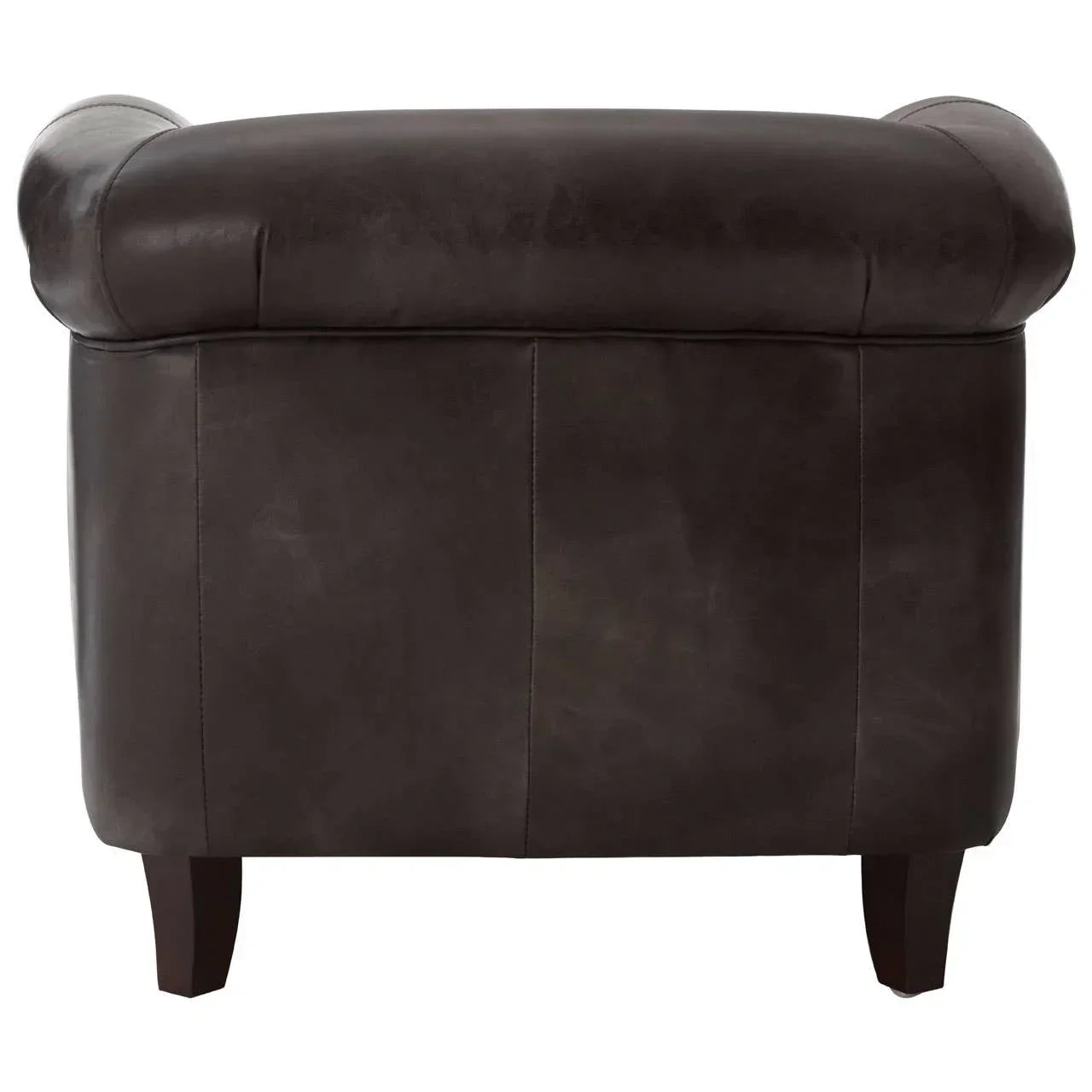 Back view of dark brown leather armchair with wooden legs and rolled arms