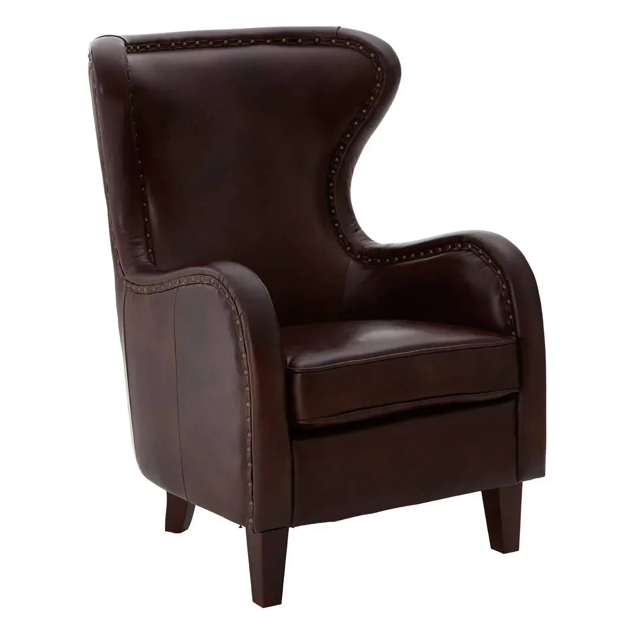 Dark brown leather armchair with high back and studded detail, angled front view