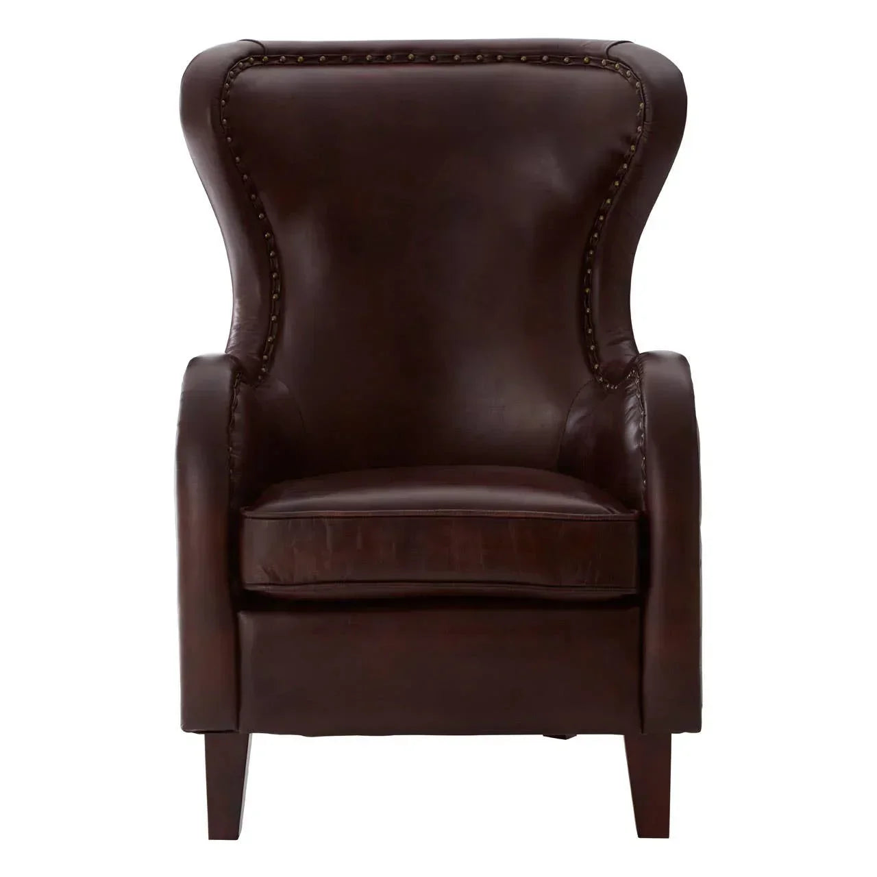 Brown leather armchair with high wingback and stud detailing, front view on white background