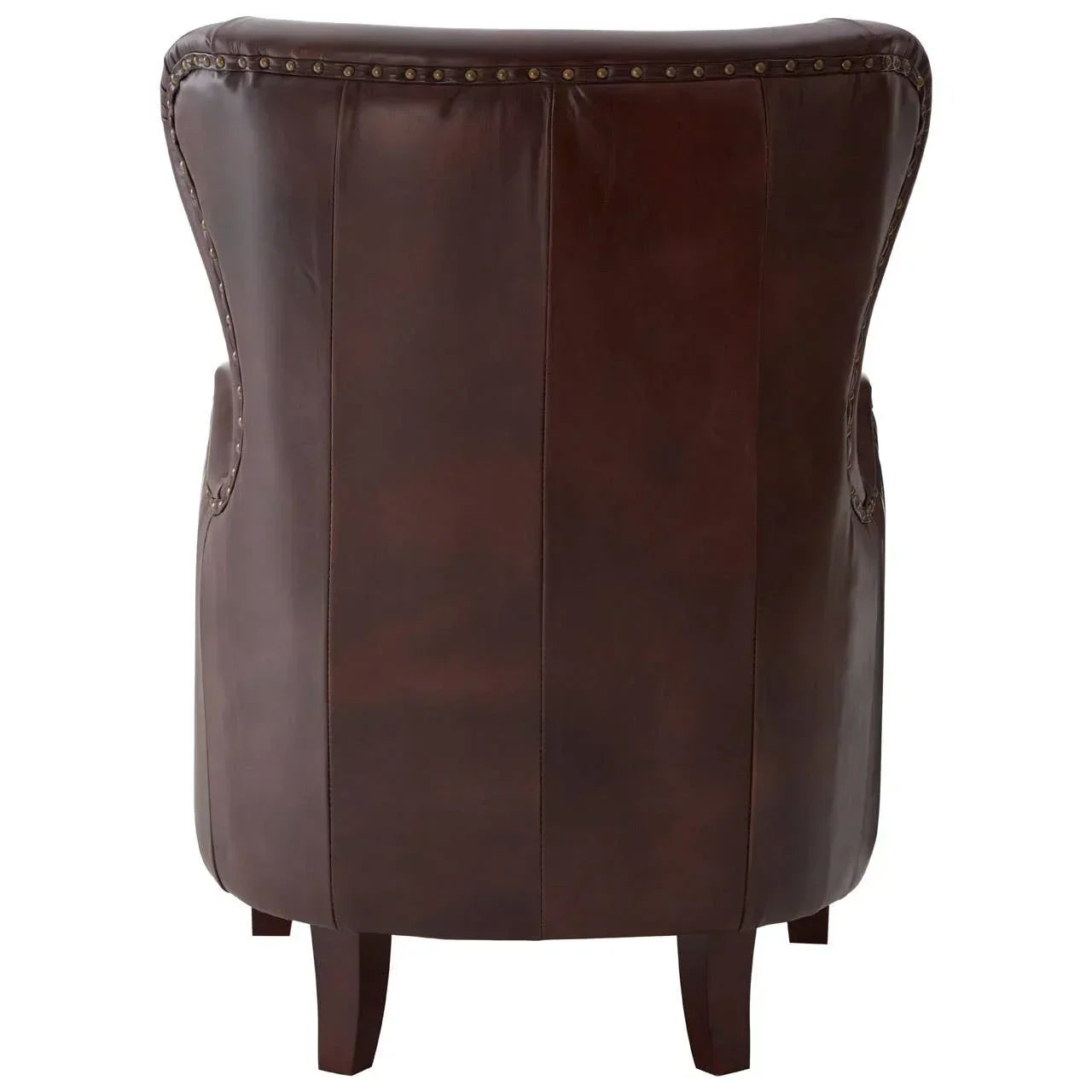 Back view of brown leather armchair with brass stud detailing and wooden legs