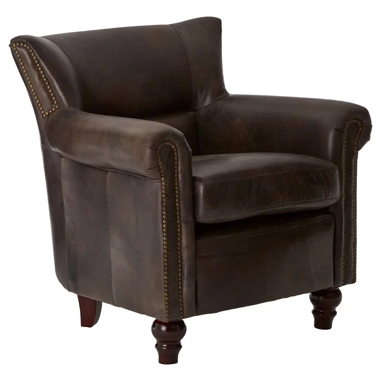 Brown leather armchair with studded trim and wooden legs, front angled view