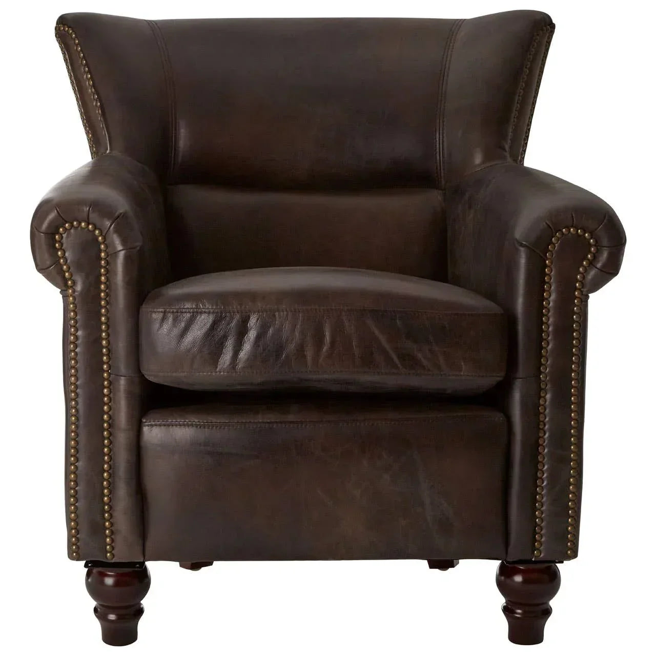 Brown leather armchair with brass stud detailing and turned wooden legs, front view