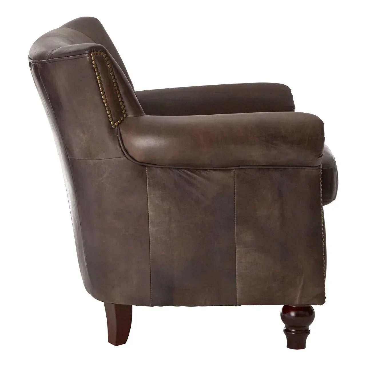 Brown leather armchair side view with stud detailing and wooden legs