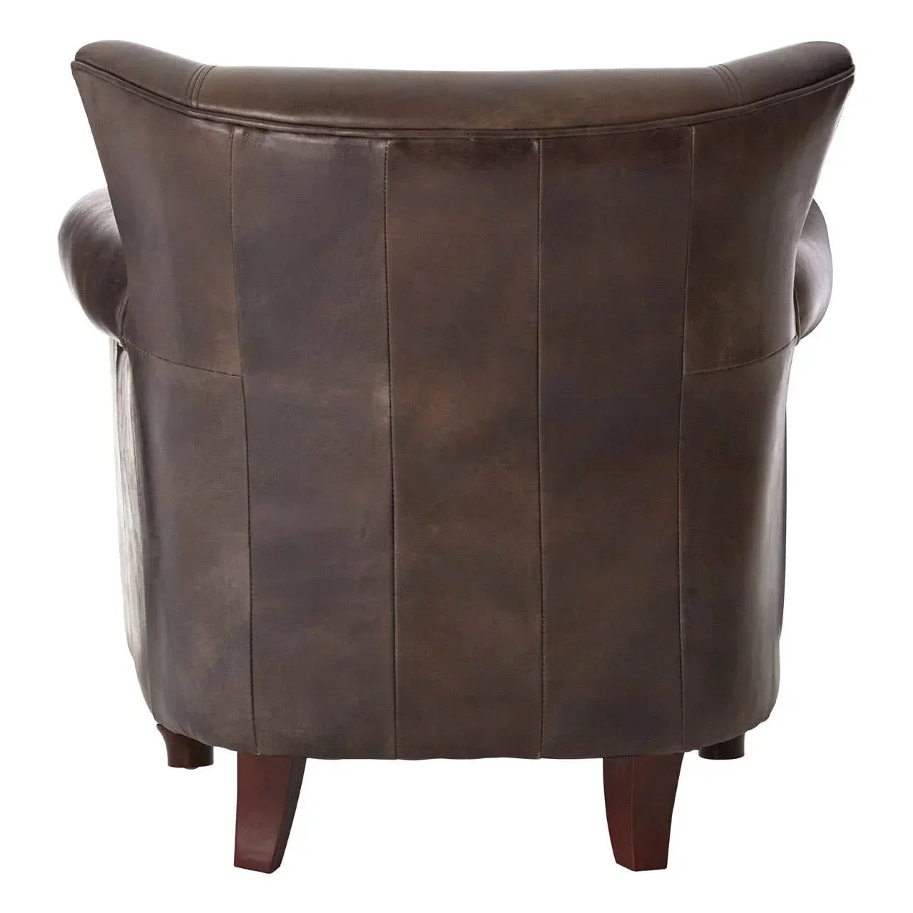 Back view of brown leather armchair with wooden legs and curved design