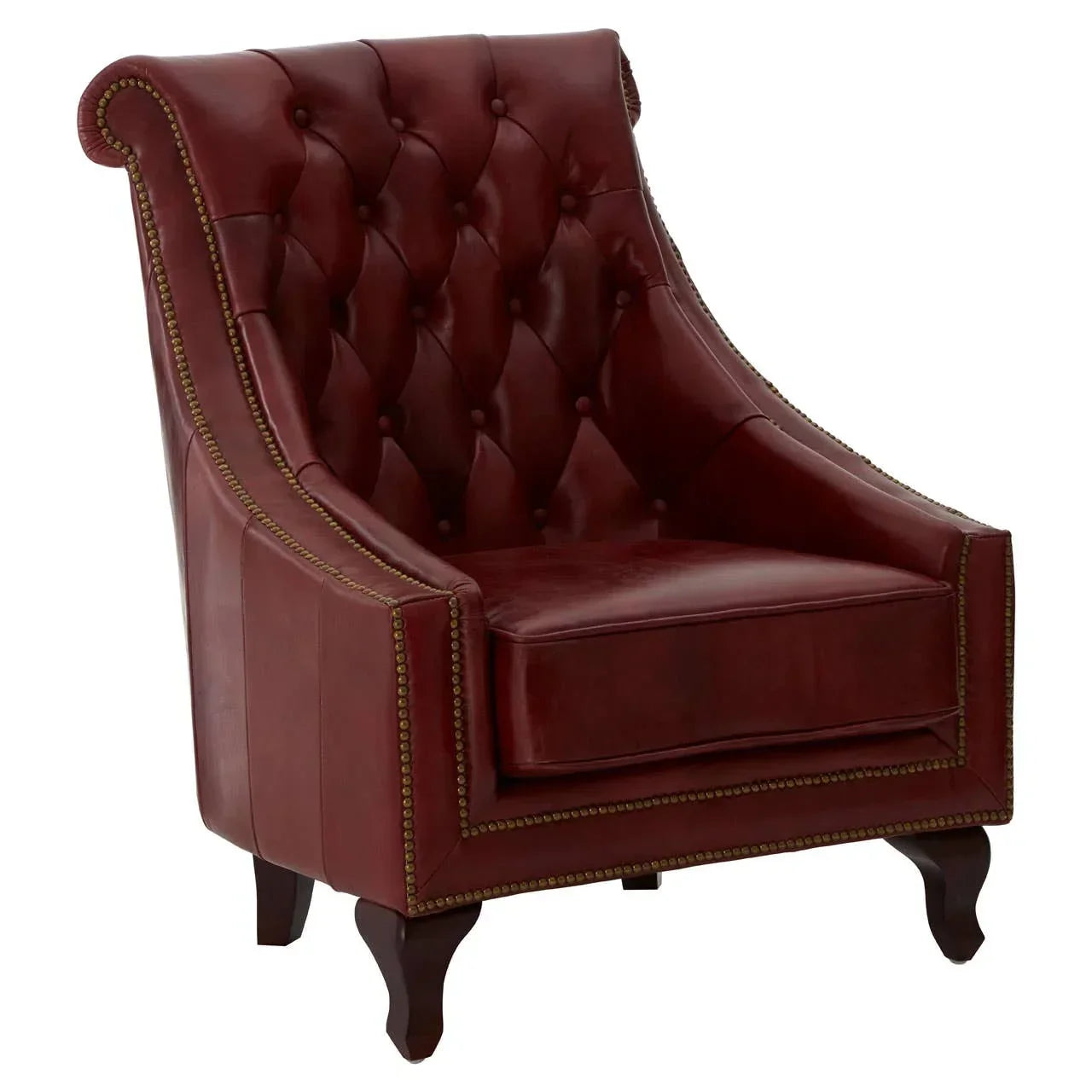 Burgundy leather accent chair with tufted back, brass nailhead trim, and dark wood legs