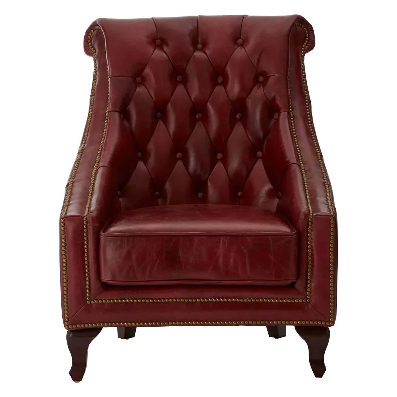 Red leather armchair with button tufted back, studded trim, and dark wooden legs