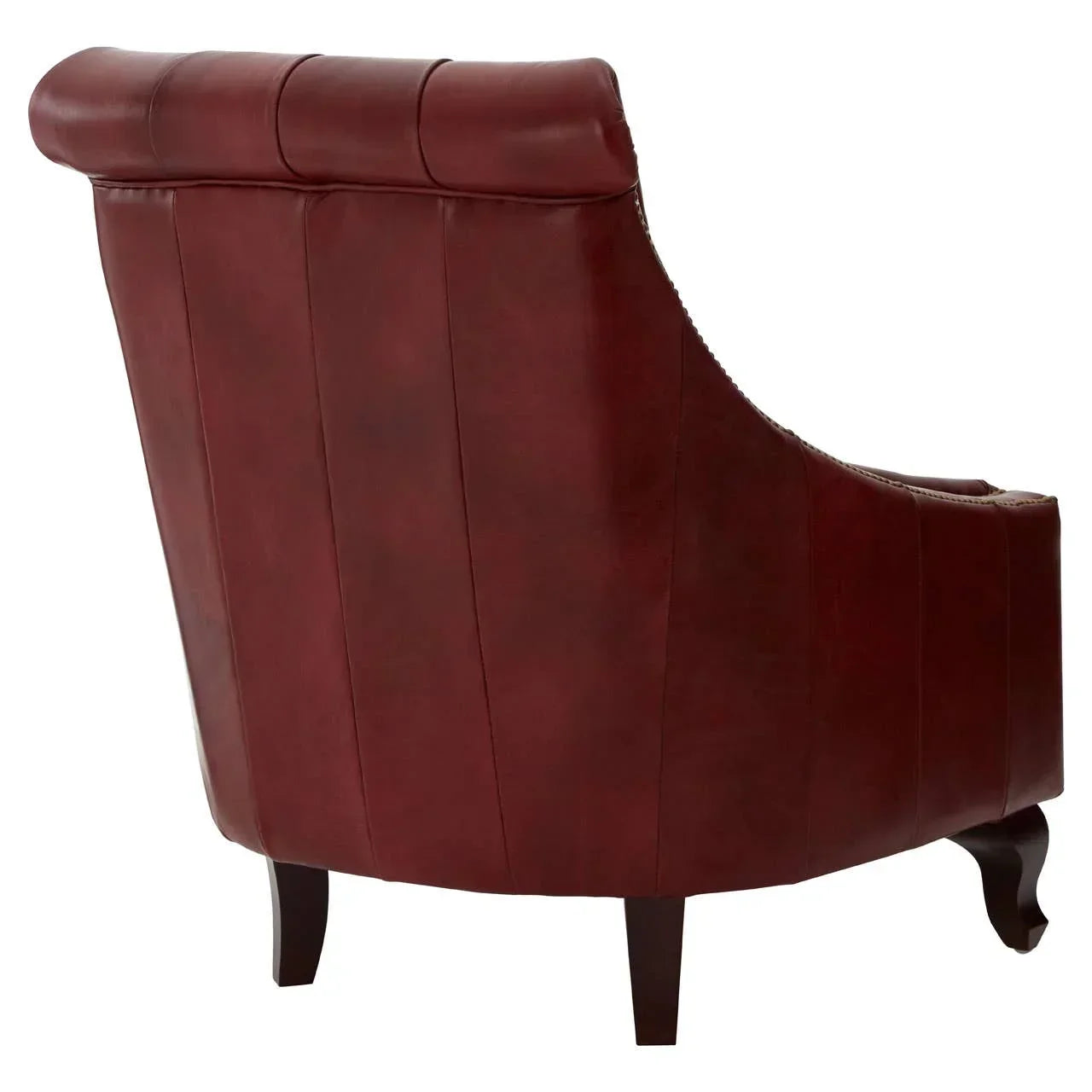 Back view of burgundy leather armchair with dark wooden legs and stitched detailing