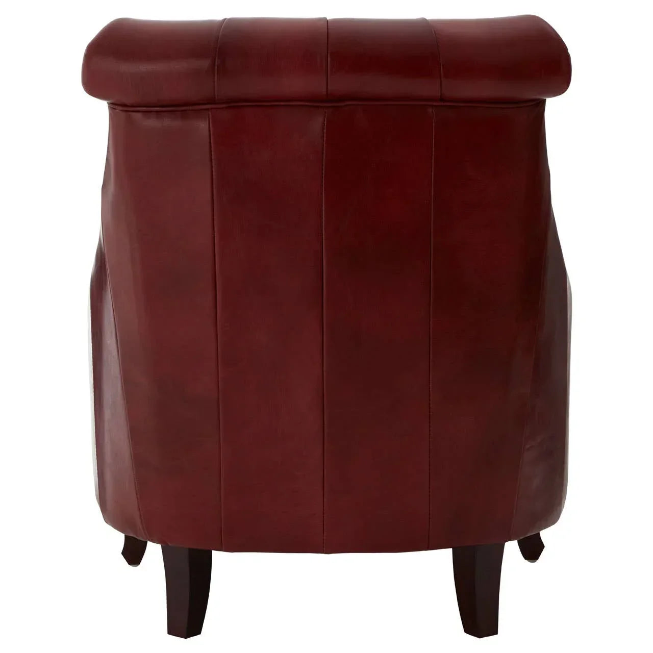 Back view of burgundy leather armchair with rolled top and dark wooden legs