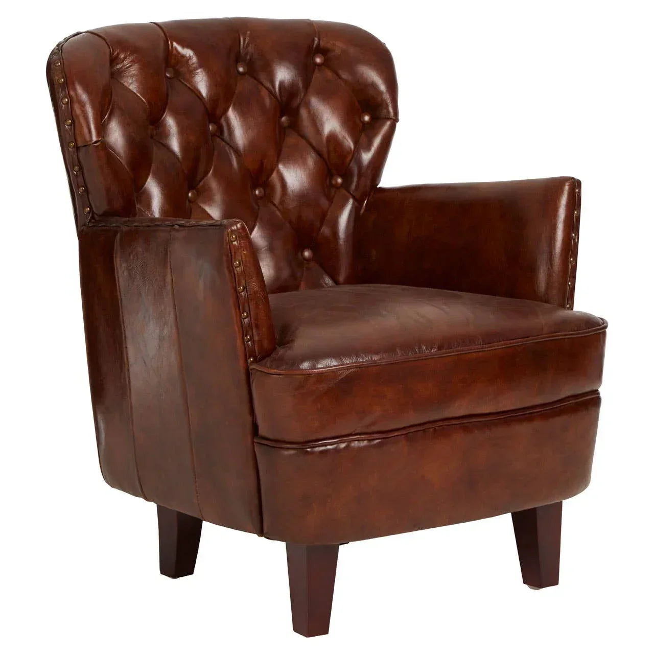 Brown leather armchair with button-tufted backrest and wooden legs