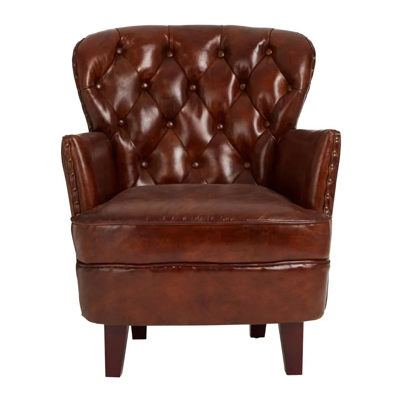 Brown leather armchair with button-tufted backrest and wooden legs front view