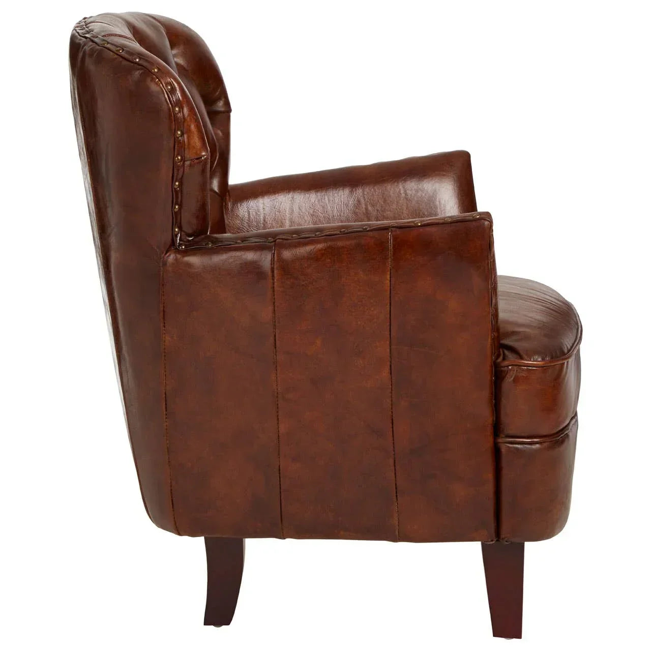 Side view of brown leather armchair with padded seat, scroll arm and wooden legs