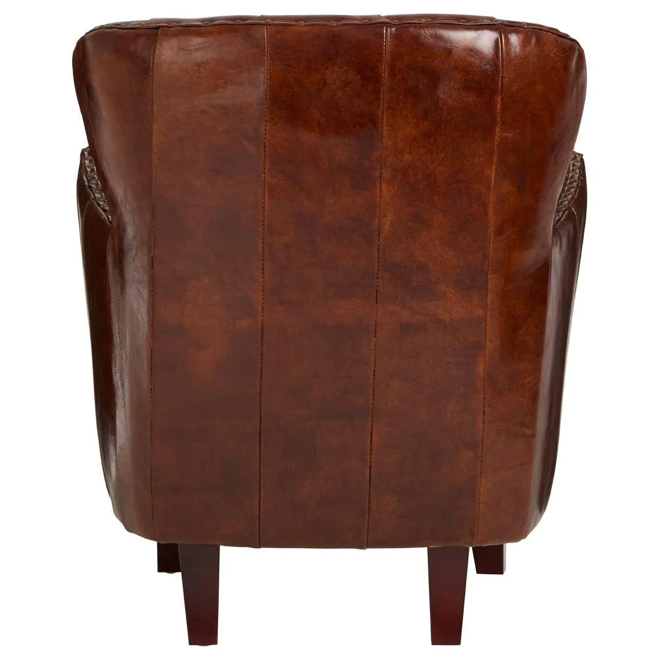 Back view of brown leather armchair with wooden legs