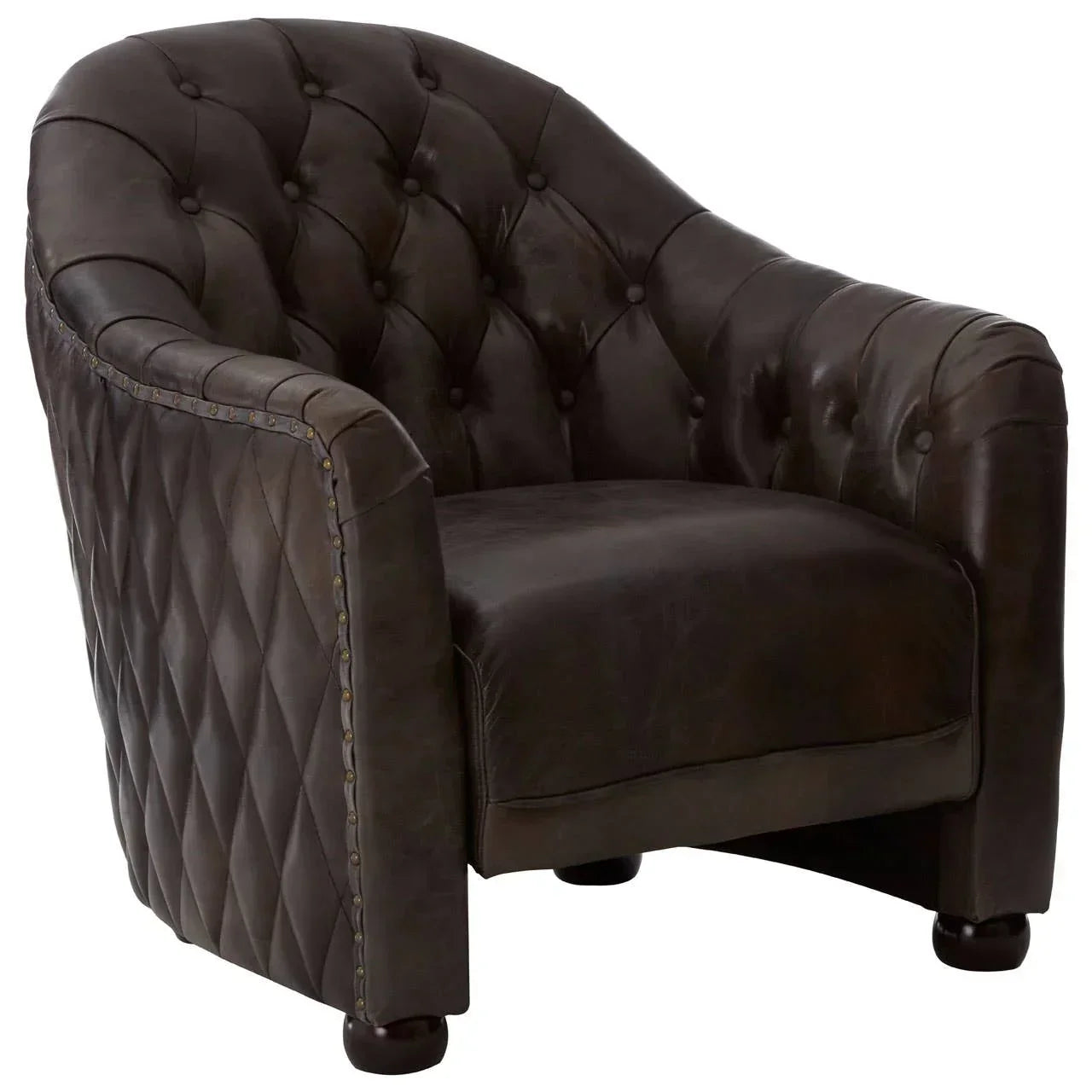 Brown leather armchair with diamond quilted sides and button tufted backrest
