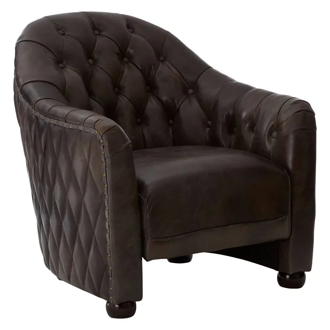 Dark brown leather armchair with deep button tufting and quilted sides