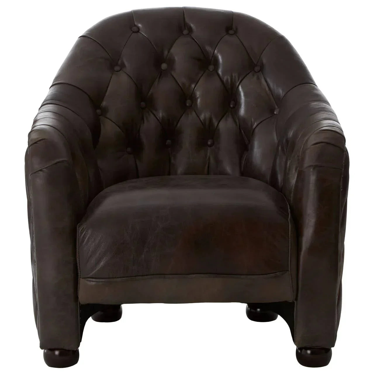 Brown leather armchair with tufted backrest and rounded arms, front view