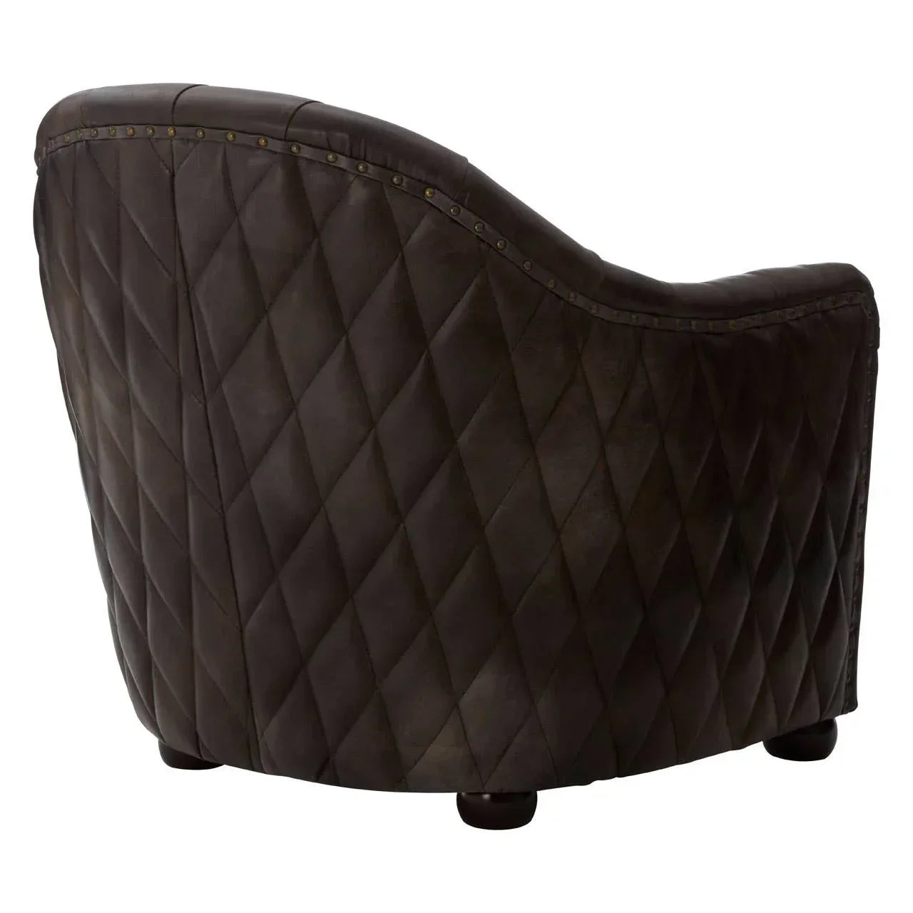 Diamond-stitched dark brown leather armchair back with stud detailing and rounded feet