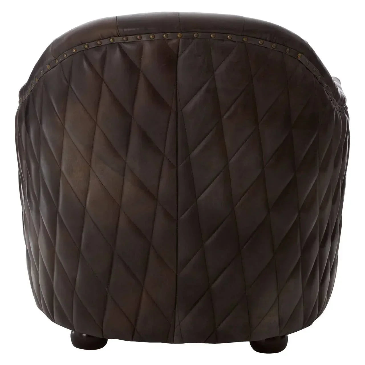Back of dark brown leather armchair with quilted diamond stitching and stud detailing