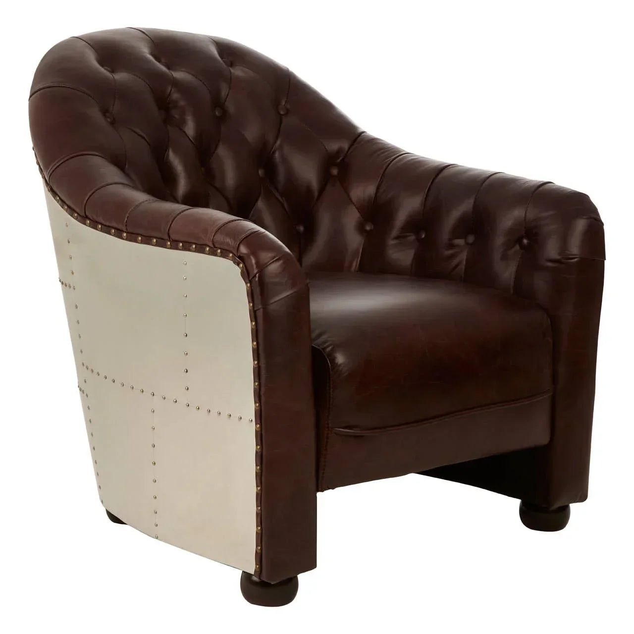 Brown leather armchair with metal rivet side panels and deep button tufted backrest