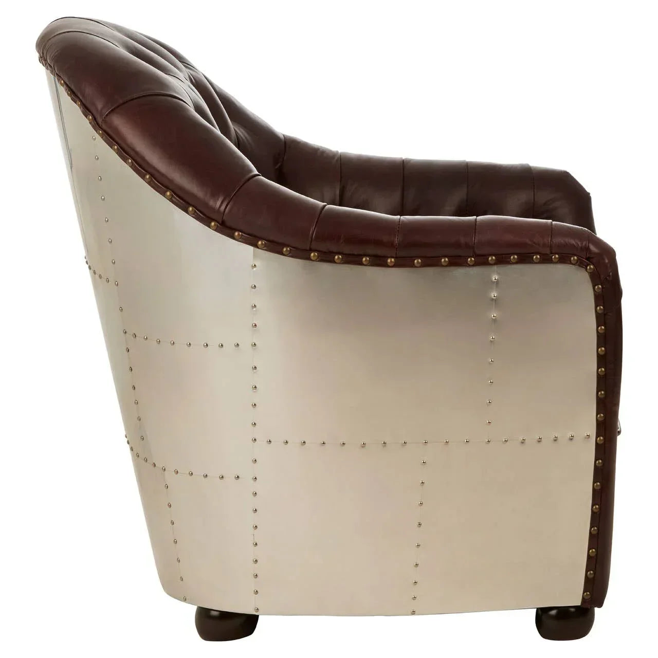 Brown leather aviator armchair with metal sides and stud detailing, side view