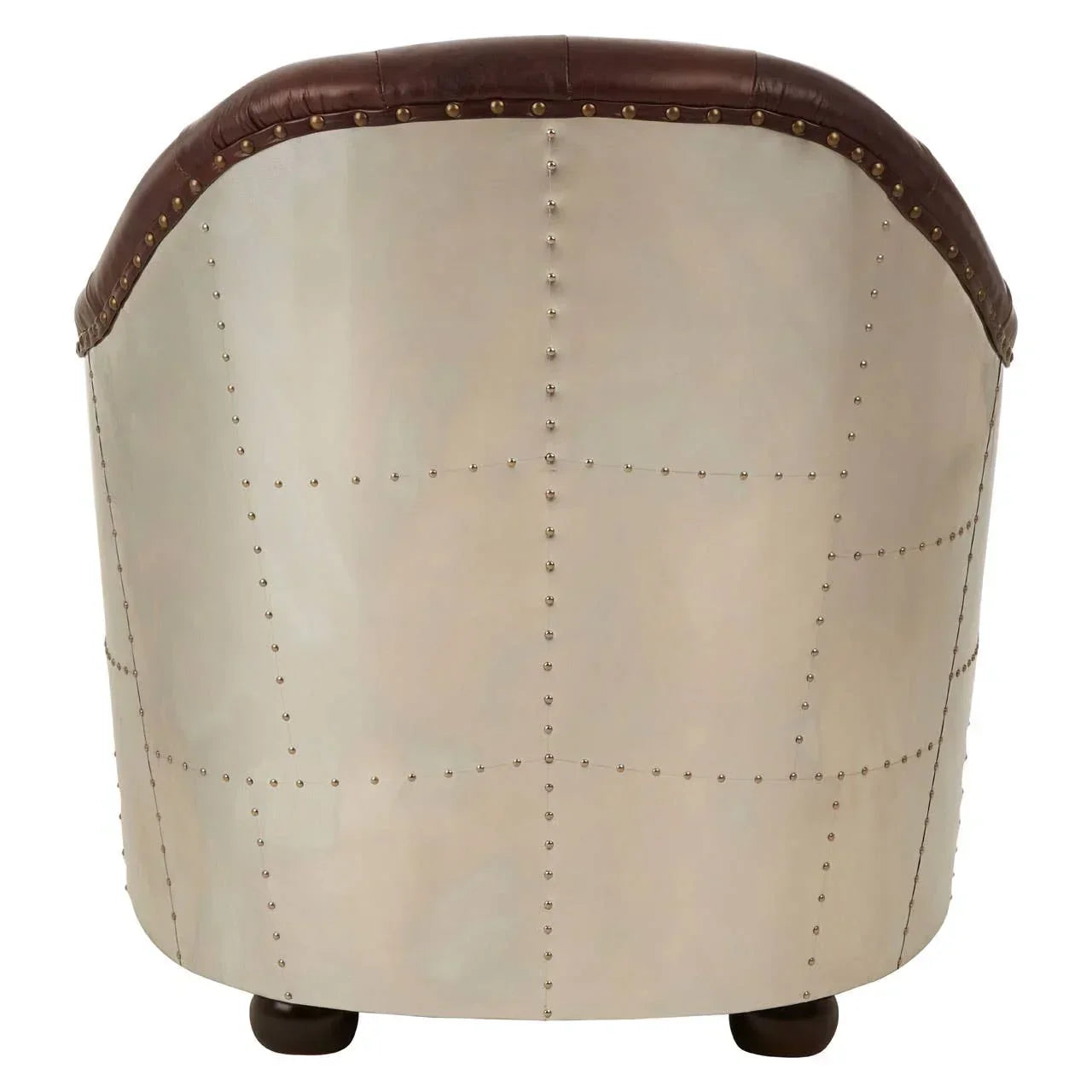 Back view of metal accent chair with brown leather trim and rivet detail