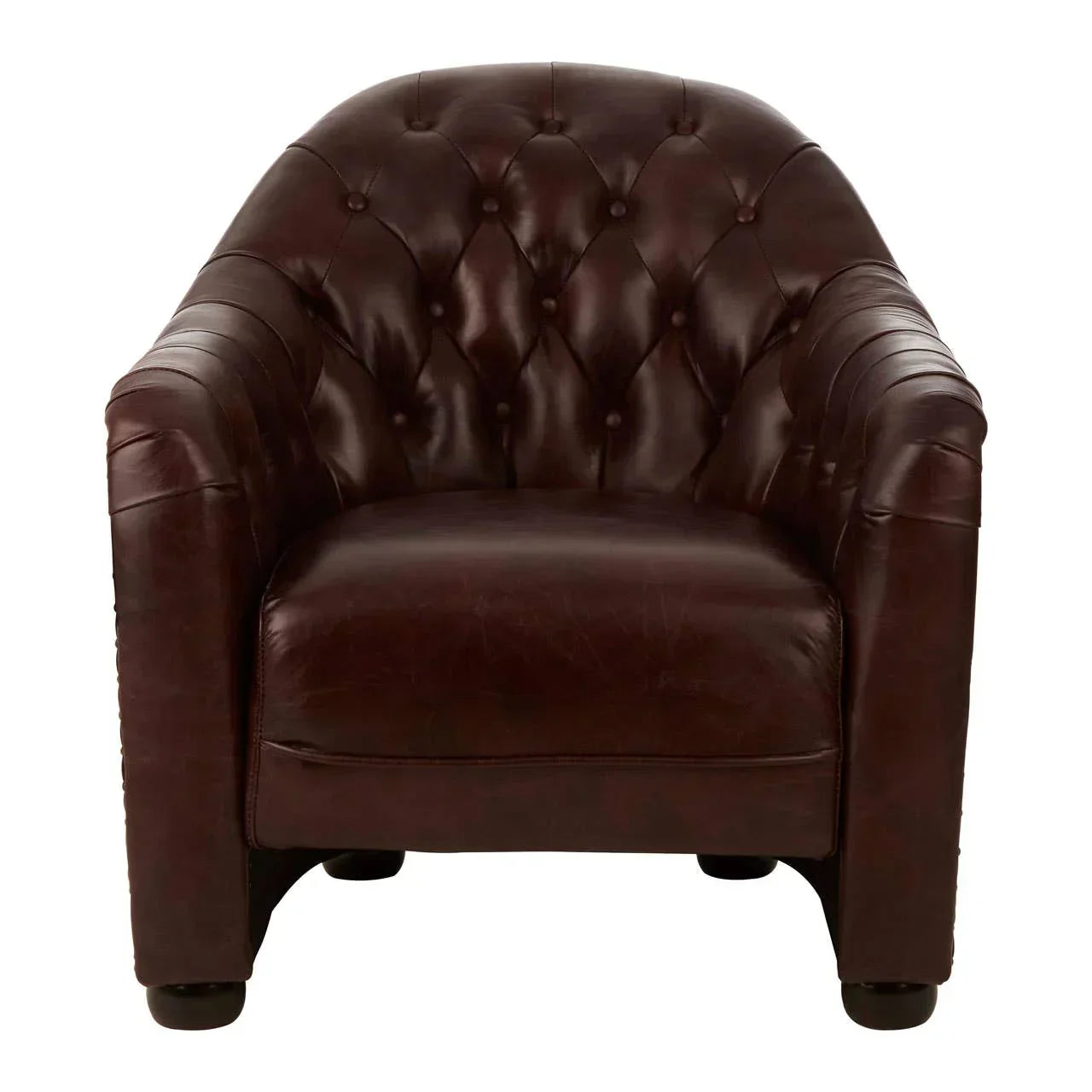 Brown leather armchair with tufted backrest and curved arms, front view