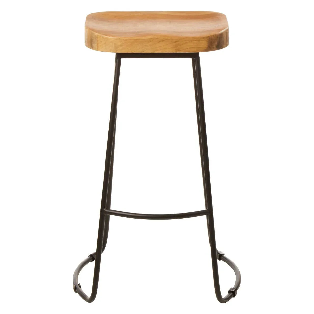 Wooden bar stool with black metal frame and curved seat, front view