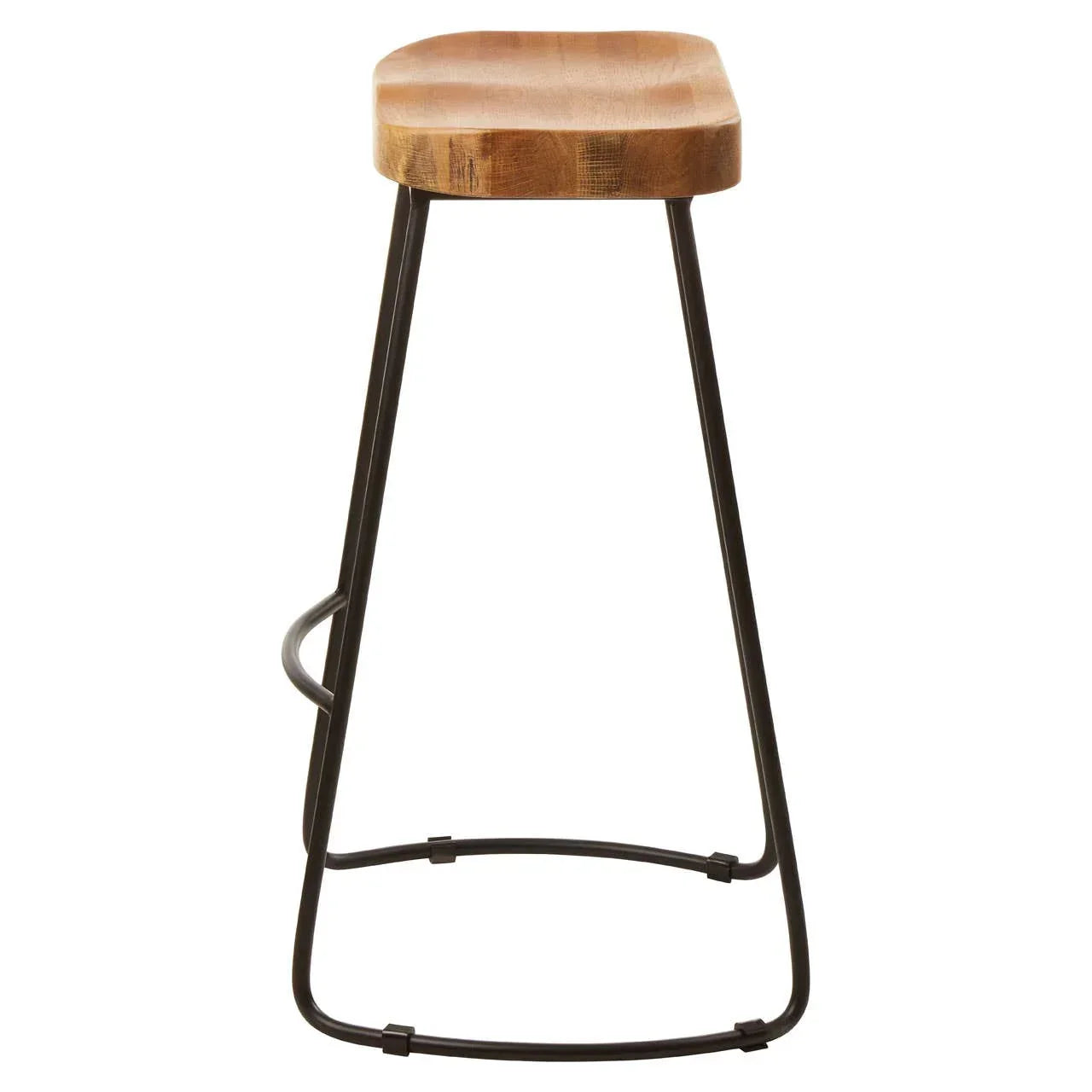 Wooden bar stool with black metal legs and natural finish, front angle view