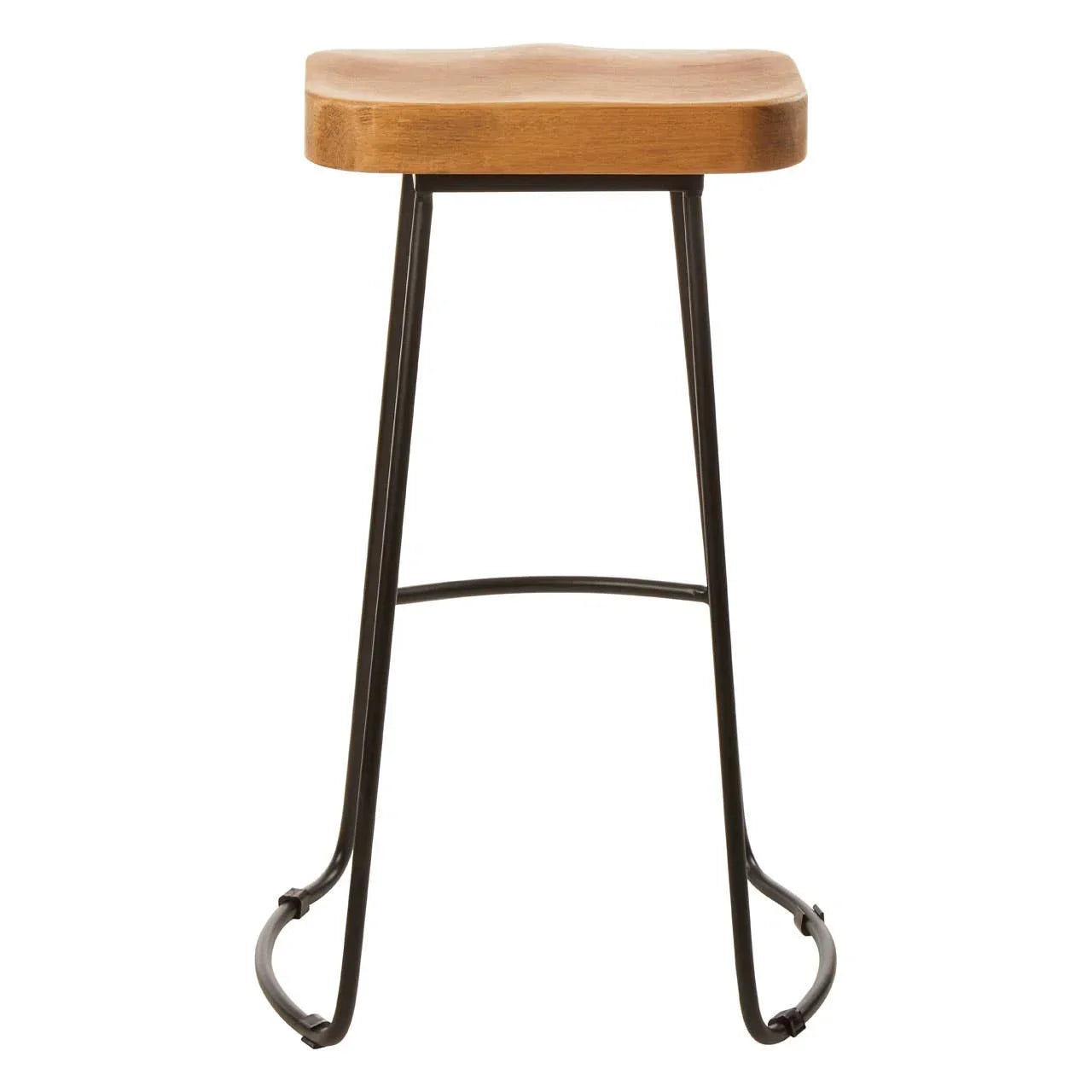 Wooden bar stool with metal legs and contoured seat, front view
