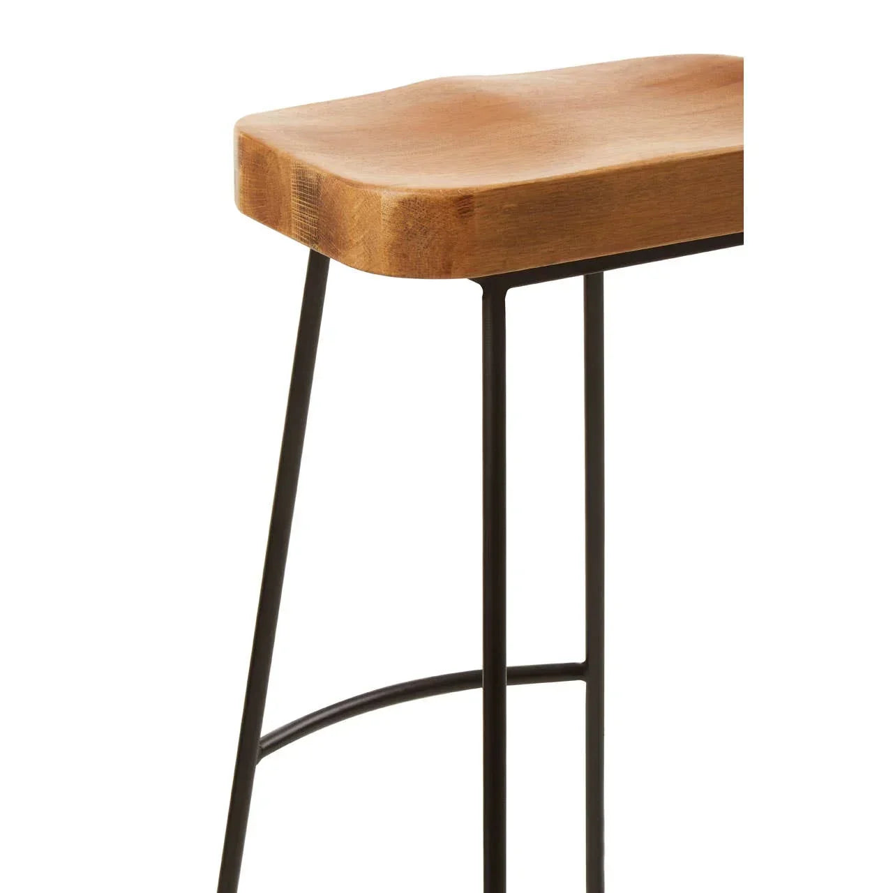 Wood bar stool with black metal legs and curved seat corner detail