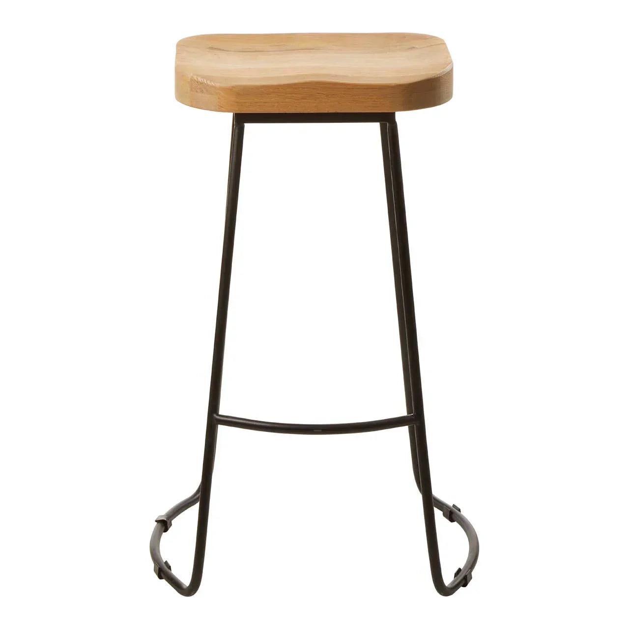 Wooden bar stool with natural finish seat and black metal legs, front view