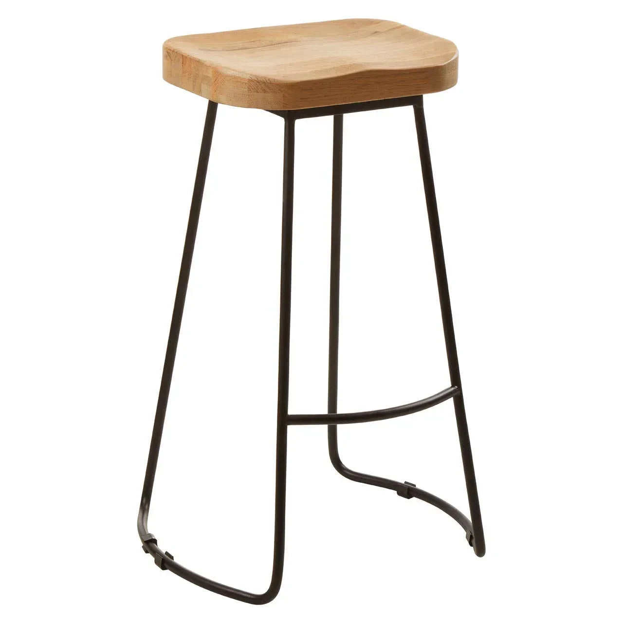 Oak bar stool with a contoured wooden seat and slender black metal legs, angled view