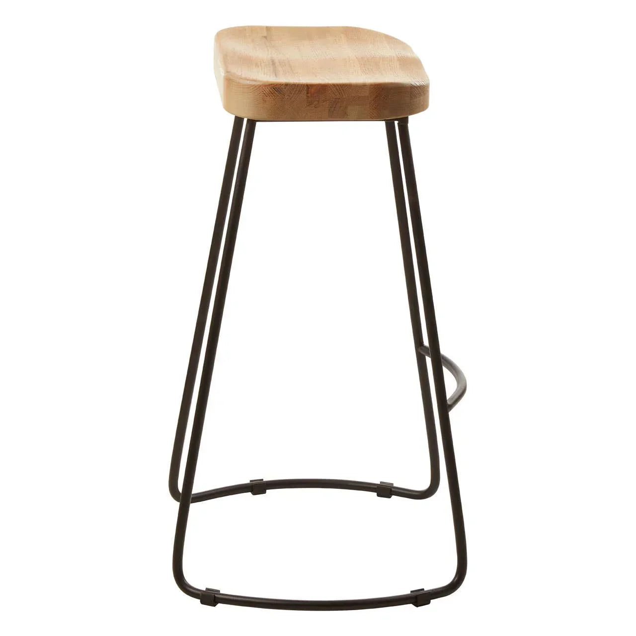 Wooden bar stool with natural finish seat and black metal frame, angled side view