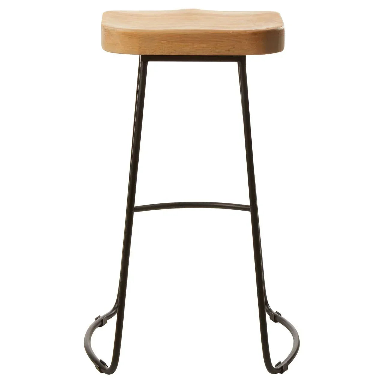 Wooden bar stool with natural seat and black metal frame, front view