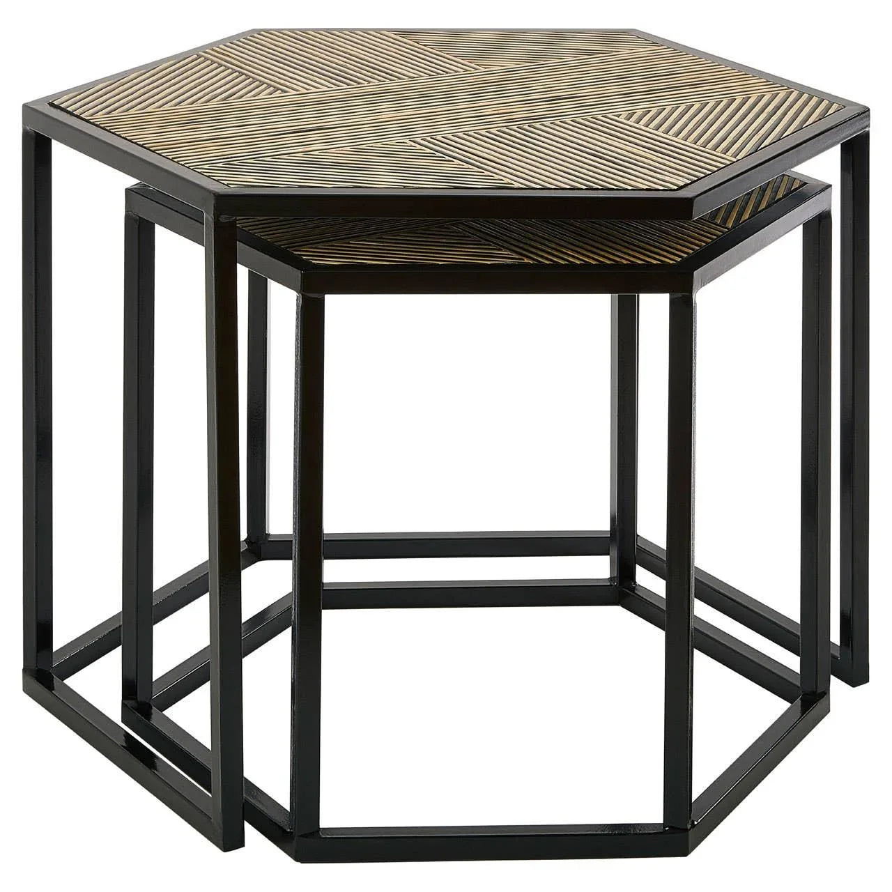 Hexagonal nesting coffee tables with black metal frames and patterned wood tops