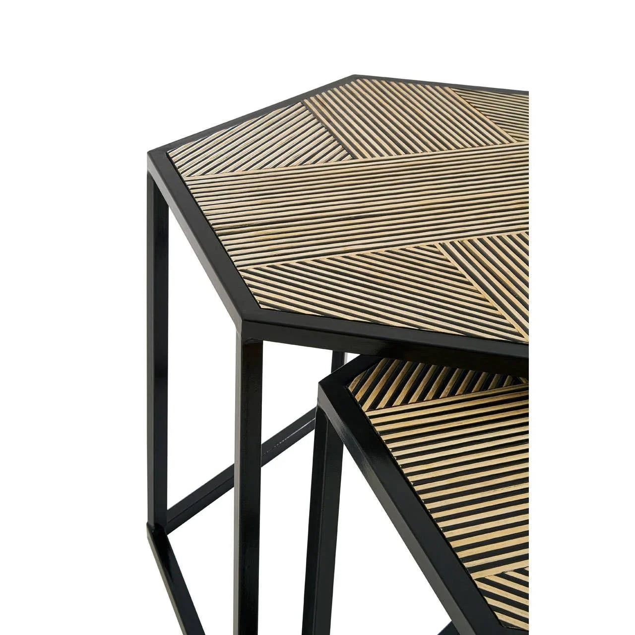 Hexagonal nesting coffee tables with black metal frame and striped wood tops