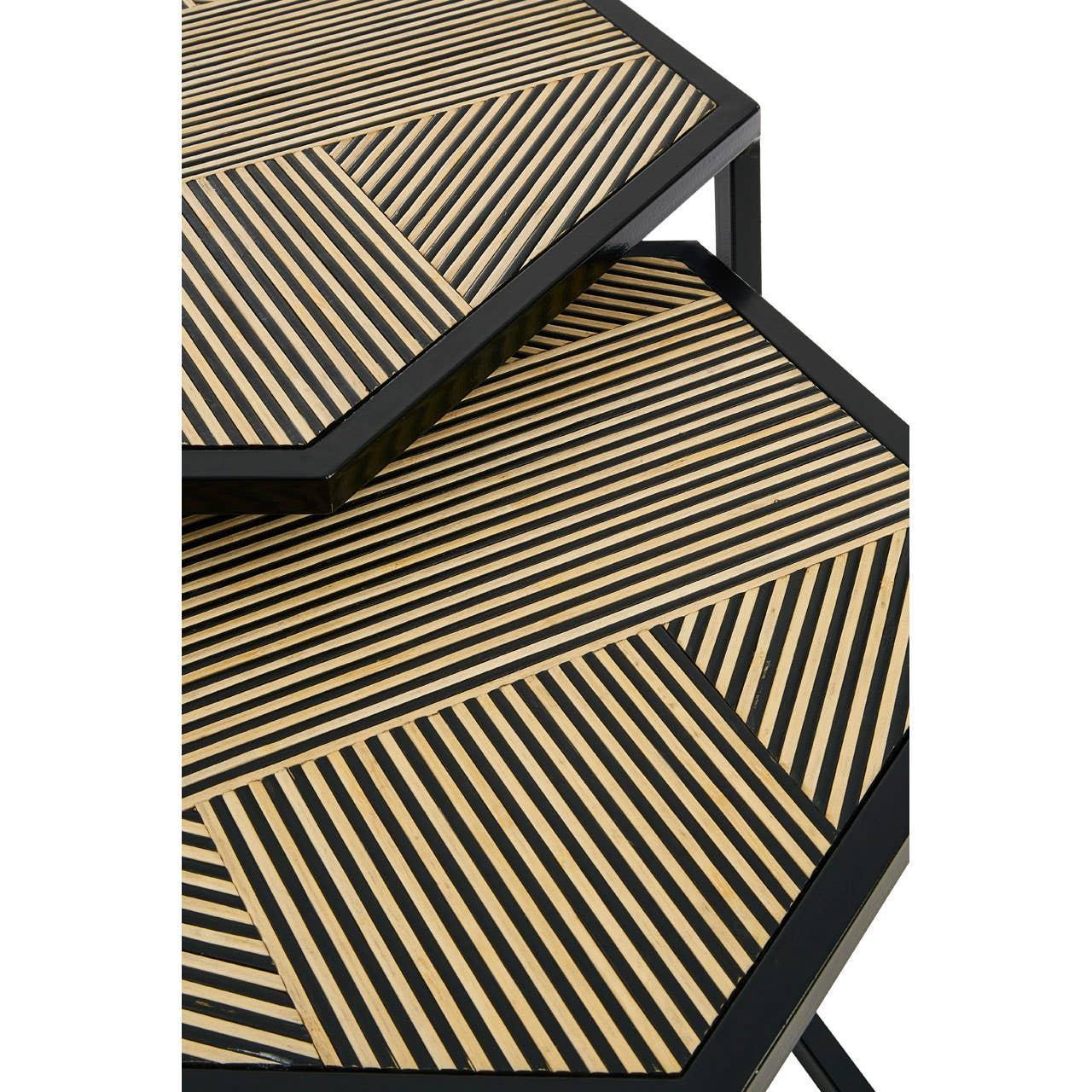 Geometric wood and black metal nesting tables with striped veneer top surfaces