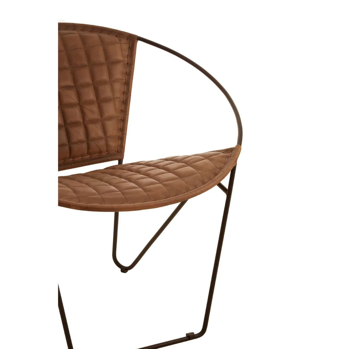 Brown quilted accent chair with curved metal frame and stitched seat detail