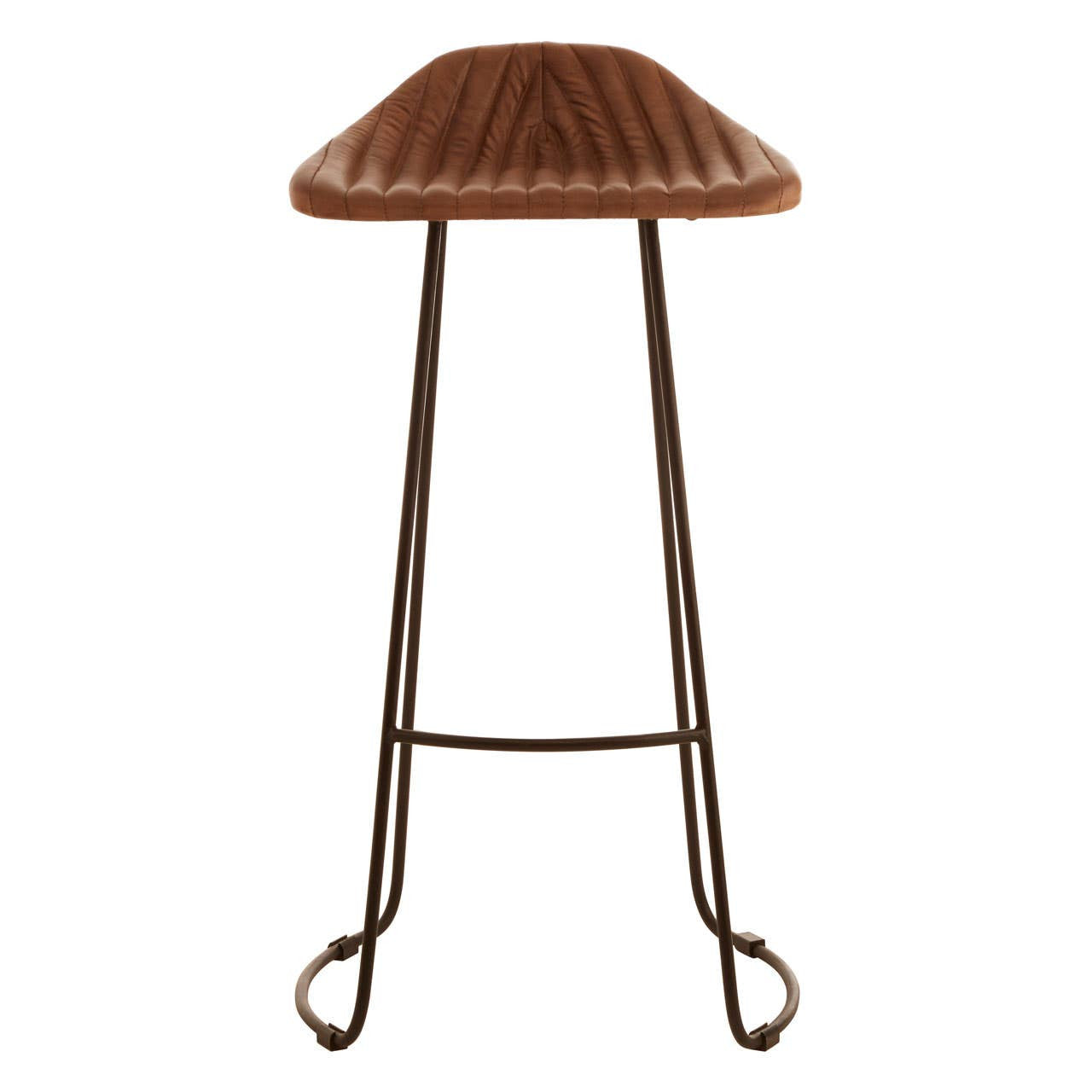 Buffalo brown leather bar stool with a curved, ribbed seat and slender metal legs featuring a crossbar for added support. The stool has a rustic design that complements modern and traditional decor